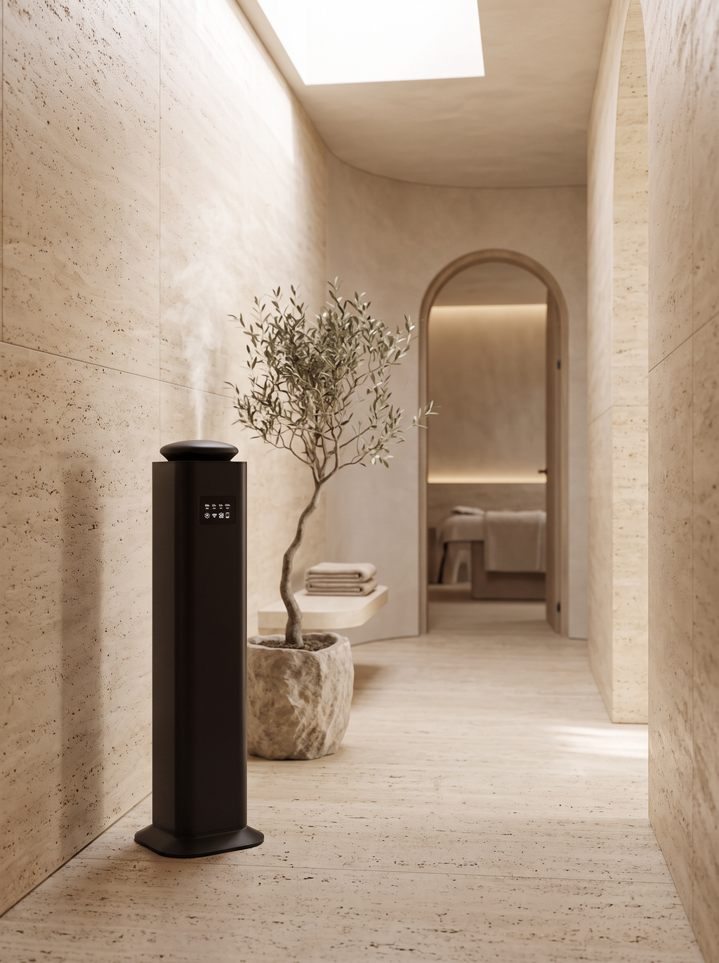 LUMINAE Tower in a spa corridor with limewash stone walls